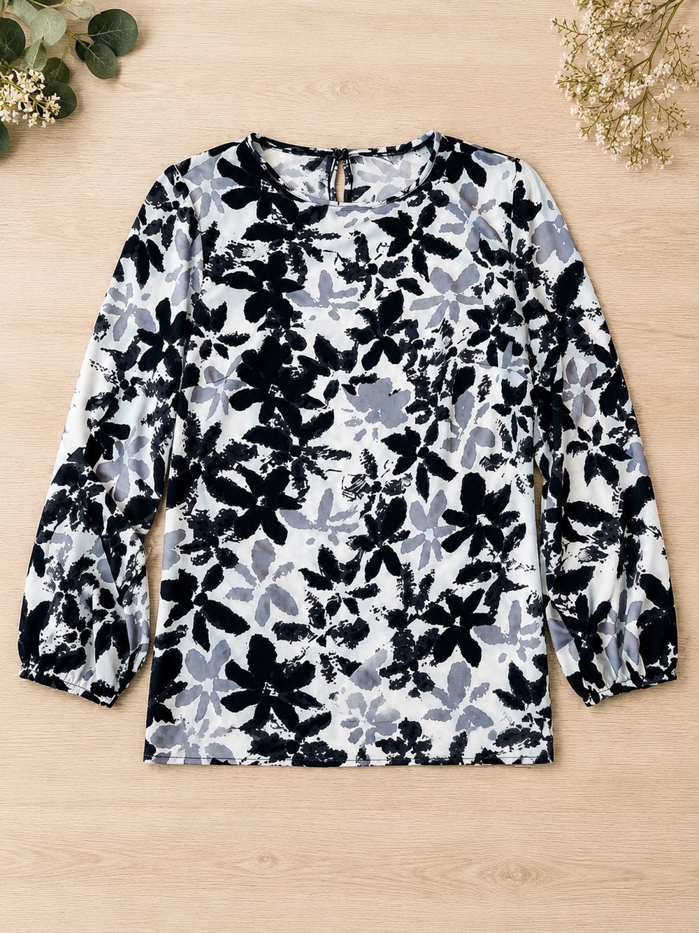 Floral Print Long-Sleeve Blouse in Black & Gray